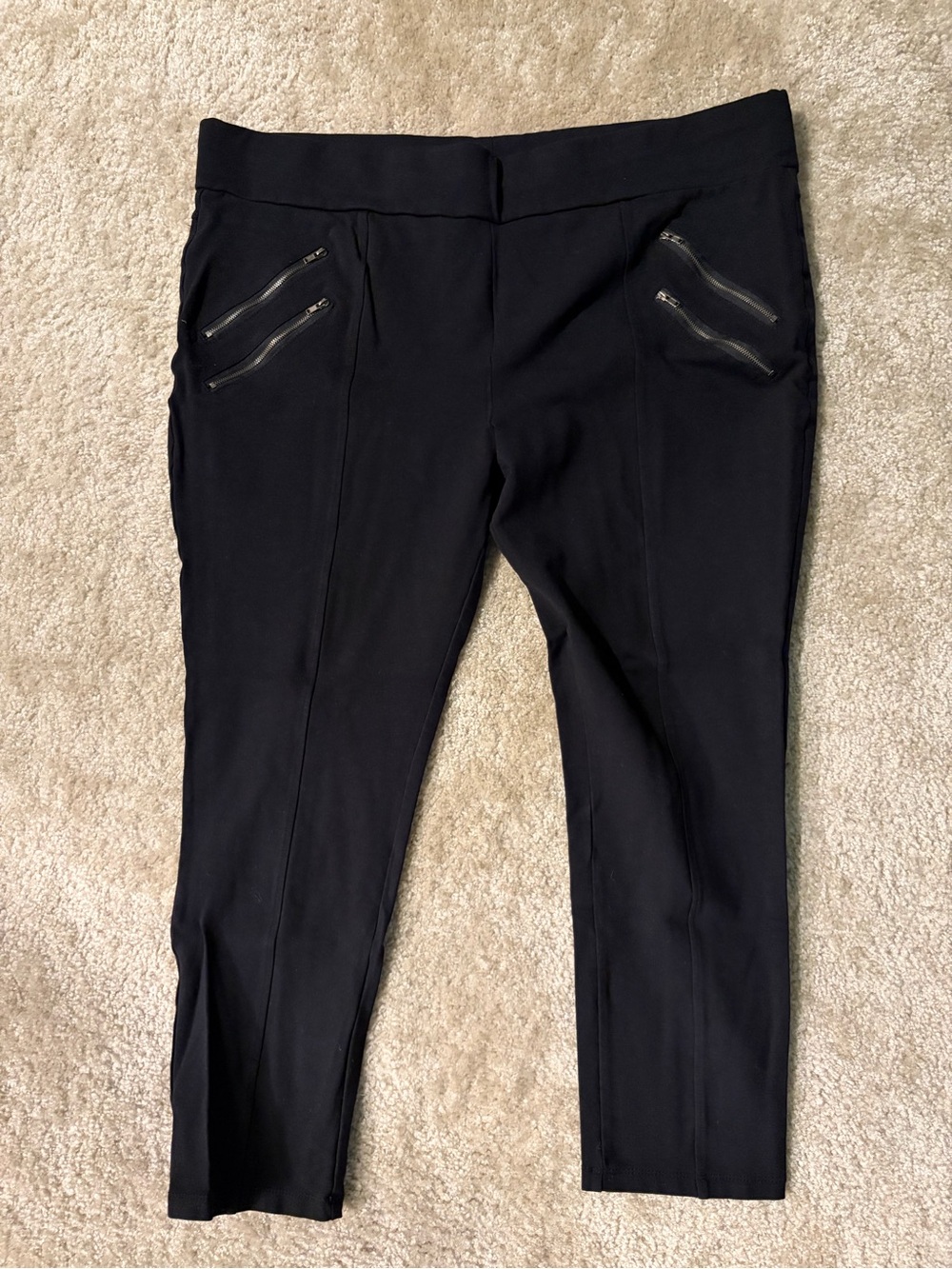 Black Skinny Ponte Ankle Pants with Diagonal Zip Pockets